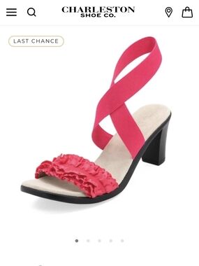 Charleston Shoe Co. Lynda Ruffle Strappy Mid-Heel Sandal Flamingo Pink - 6